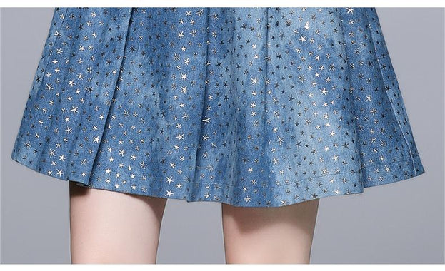Stand Collar Long Sleeve Perspective Mesh Patchwork Receiving Waist Five-Pointed Star Denim A-Line Skirt Dress