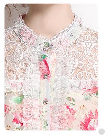Fashion Printed Embroidery Patchwork Lace  Long-Sleeved Shirt Half Skirt Suit
