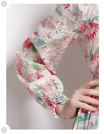 Fashion Printed Embroidery Patchwork Lace  Long-Sleeved Shirt Half Skirt Suit