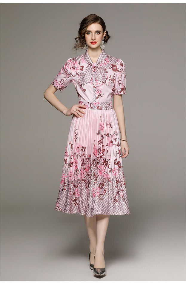 Fashion All-in-one Folded Waist Slimming Positioning Printed Short Sleeve Pleated Dress