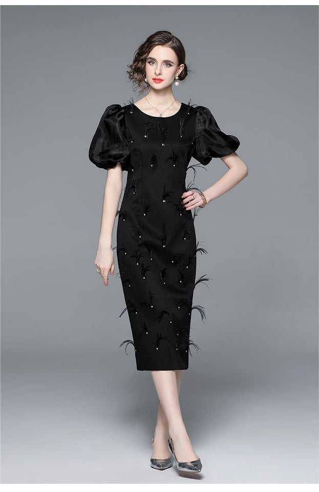 Fashion New Women's Temperament Nail Beads Elegant Thin Slim Mid-Length Short-Sleeved Dress