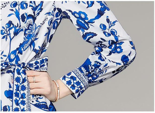 Printed Lapel Long-Sleeved Dress