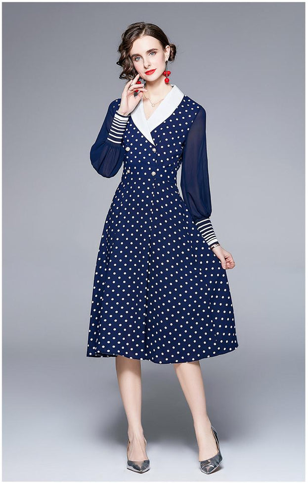 Polka-Dot Chiffon Long-Sleeved Dress