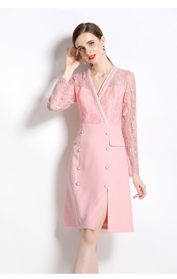 Light Ripe Temperament Pink V-Neck Long-Sleeved Dress Tucked in Waist Slit Skirt