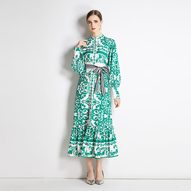 Geometric Print Single Breasted Long Skirt with Small Stand-Up Collar