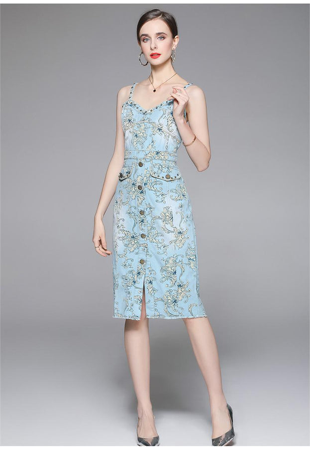 V-Neck Halter Printed Denim Slit Mid-Length Slim Dress