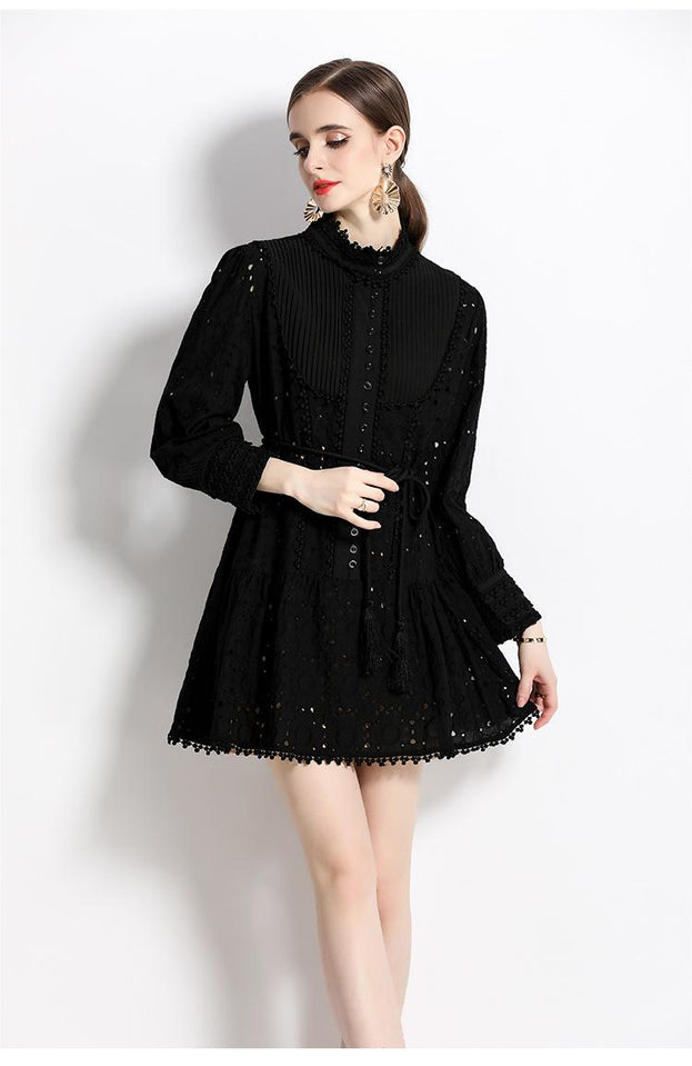Stand-Up Collar Temperament Continuously Empty Single Breasted Lantern Sleeve Lace-Up Skirt Dress