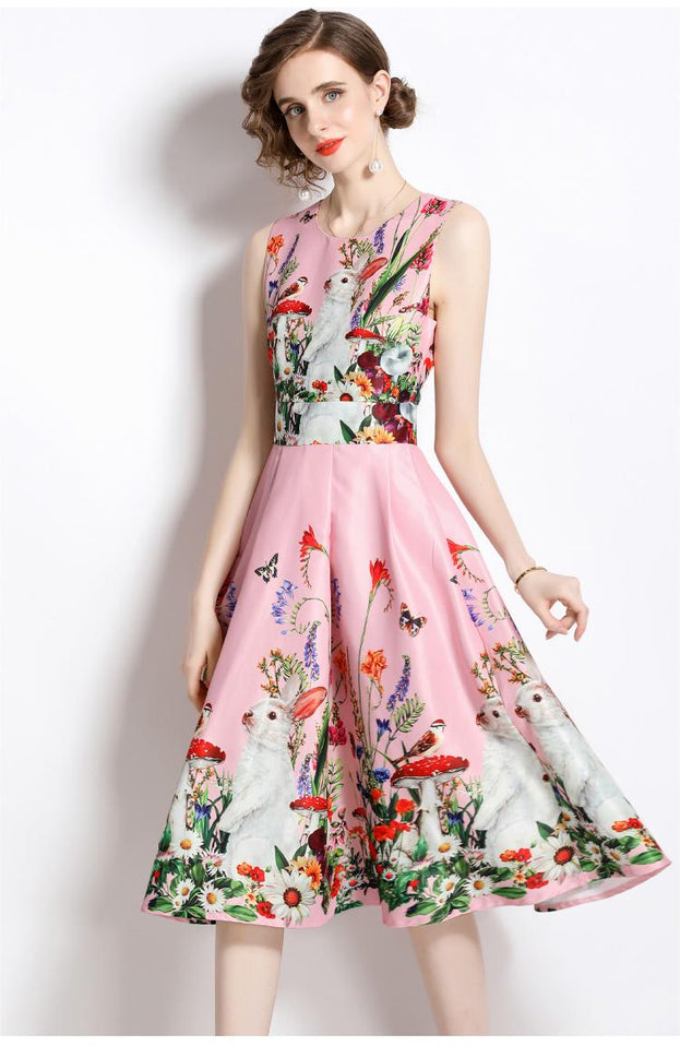 Vintage Print Waist Slimming Sleeveless Dress Mid-Length Skirt