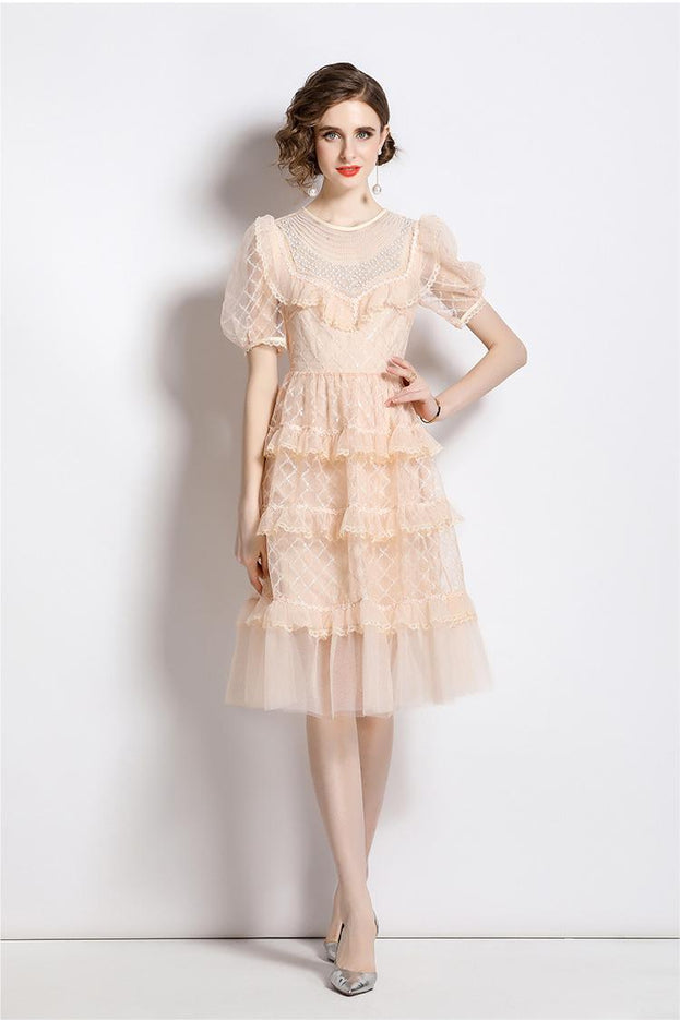 Temperament Fashion Gauze Beaded Piece Embroidered Bubble Sleeve Lace Cake Skirt Dress