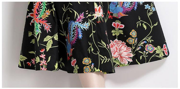 Vintage Printed Short-Sleeved Slim-Fit Mid-Length Large-Swing Dress