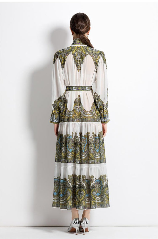 Vintage Print Long-Sleeved Full-Length Skirt Fashion Single-Breasted Stand-Up Collar Dress