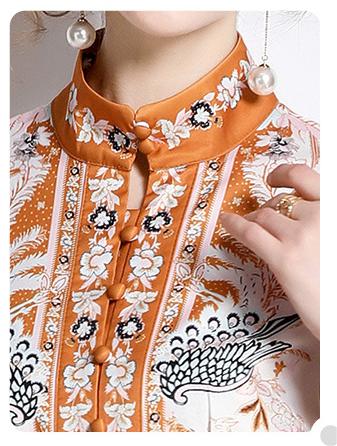 Fashion Vintage Fresh Stand-Up Collar Long-Sleeved Printed Dress