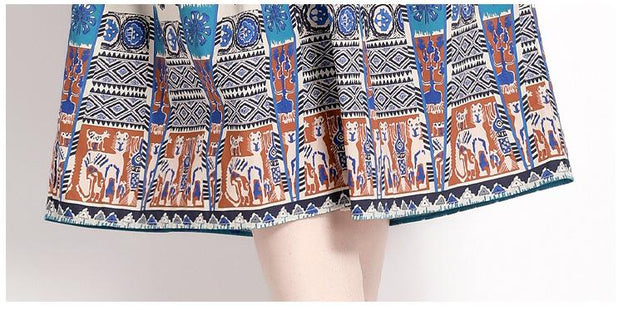 Vintage Printed Single Breasted Lace-Up Waist A-Line Skirt Short Sleeved Dress