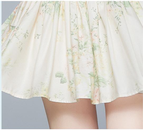 French Retro Palace Style Belt Waist Binding Waist Slimming Floral V-Neck Nine-Point Sleeve Dress
