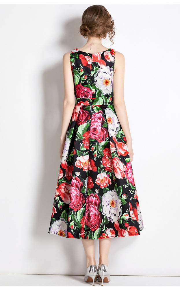 Vintage Print Sleeveless High-Waisted Dress