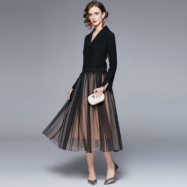 Long Sleeve Small Suit and Mesh Gauze Skirt Two-Piece Suit