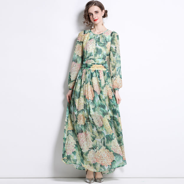 Temperament Chiffon Print Long-Sleeved Slim Long Skirt Green Crew Neck Dress