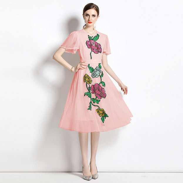 Temperament Round Neck Ruffled Edge Short-Sleeved Sequin Mesh Embroidery Mid-Length Dress