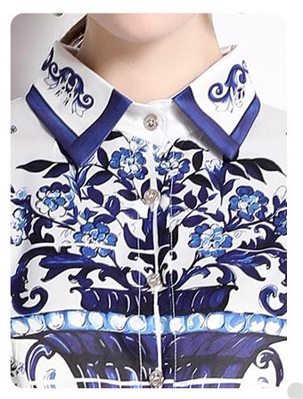 Fashion All-in-One Waist Slimming Blue and White Porcelain Positioning Printed Dress with Belt