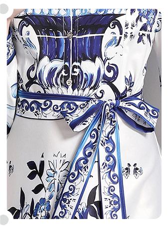 Fashion All-in-One Waist Slimming Blue and White Porcelain Positioning Printed Dress with Belt