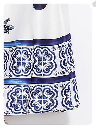 Fashion All-in-One Waist Slimming Blue and White Porcelain Positioning Printed Dress with Belt