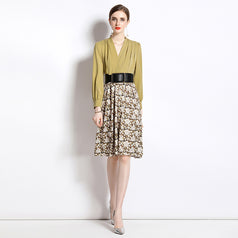 Temperament Waist Slimming V-Neck Long Sleeve MIDI Dress Vintage Print
