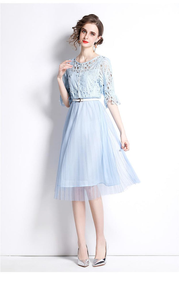 Round Collar Water-Soluble Lace Mesh Stitching MIDI Dress Fashion Temperament