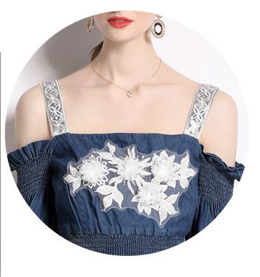 Off Shoulder Bust Embroidery Halter Denim Dress