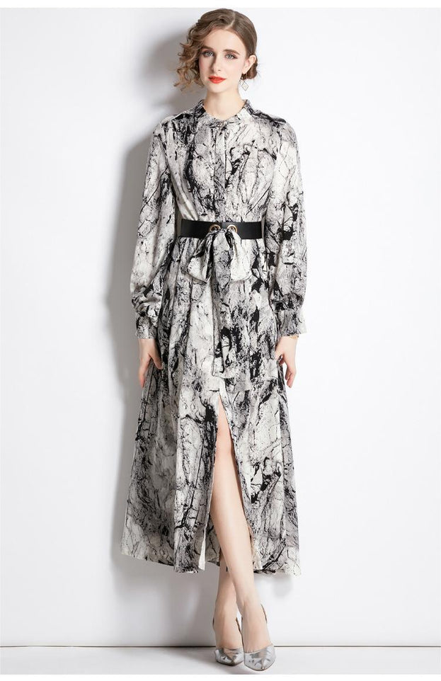 Temperament Fashion Vintage Print Long-Sleeved Dress Slim and Slimming Long Skirt