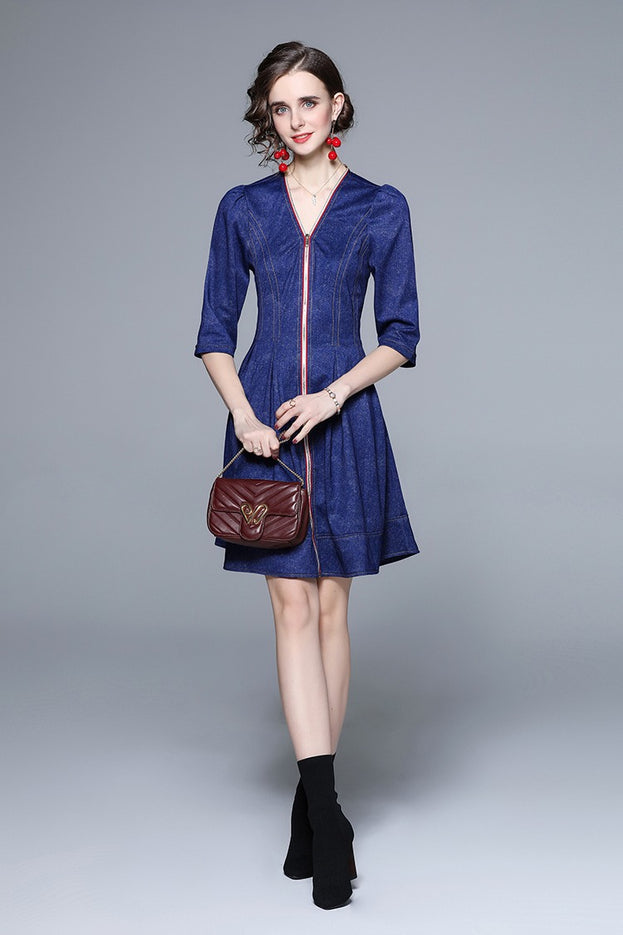 Middle Sleeve Zipper Down Denim Jacquard Dress