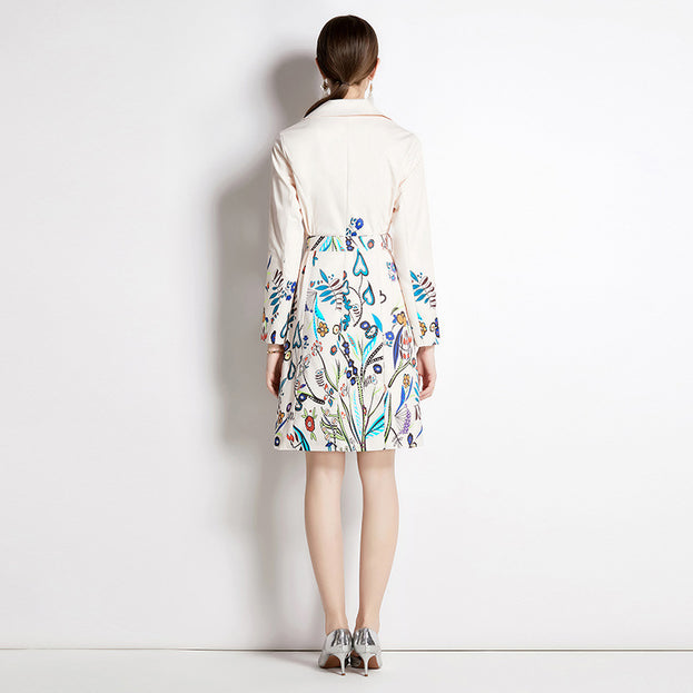 Fashion printed suit collar coat temperament waist slimming breasted mid-length trench coat