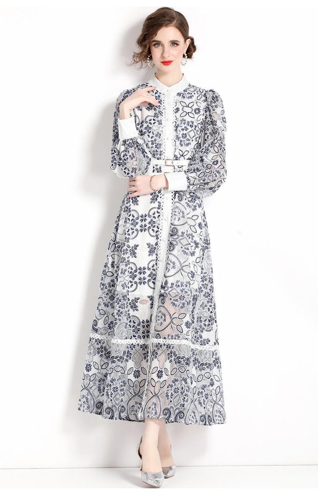 Long-Sleeved Single-Breasted Vintage Print Lace-Up Dress with Waist Tucked in