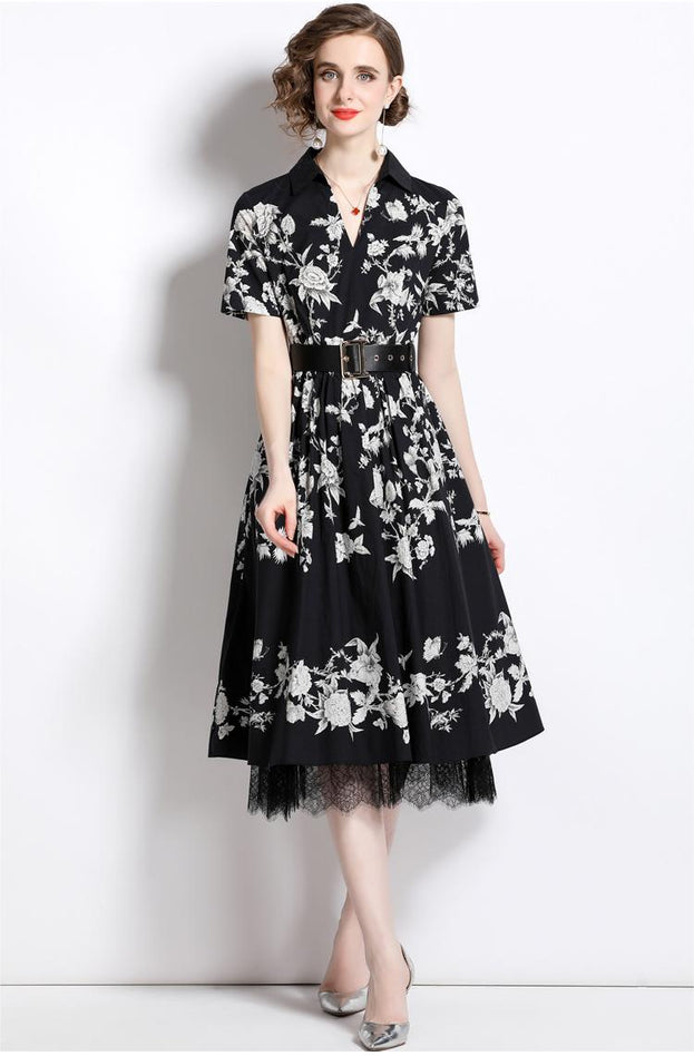 Temperament Lace Print High-Waisted Short-Sleeved Mid-Length Dress with Belt