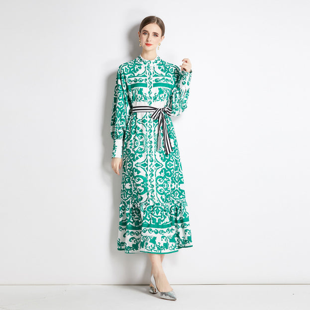 Geometric Print Single Breasted Long Skirt with Small Stand-Up Collar