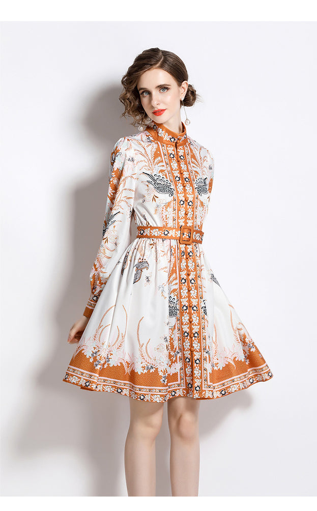 Fashion Vintage Fresh Stand-Up Collar Long-Sleeved Printed Dress