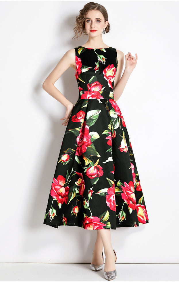 Vintage Print Sleeveless High-Waisted Dress