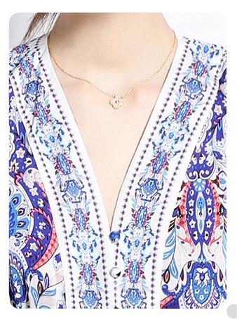 Retro Fashion National Style Printed V-Neck Long Sleeve Waist Closed Skirt Dress