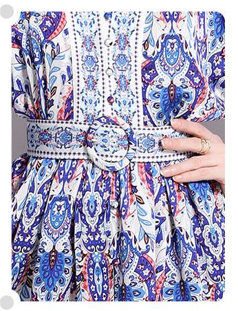 Retro Fashion National Style Printed V-Neck Long Sleeve Waist Closed Skirt Dress