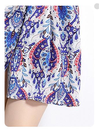 Retro Fashion National Style Printed V-Neck Long Sleeve Waist Closed Skirt Dress