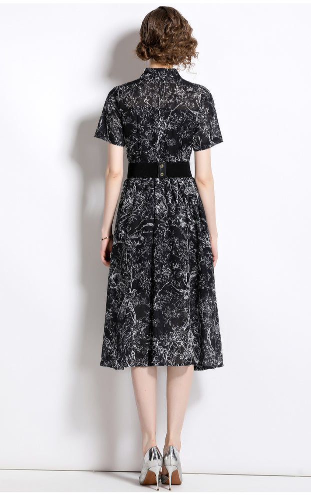 Temperament Vintage Print Short Sleeve Large Swing Slim Lapel Long Skirt Dress