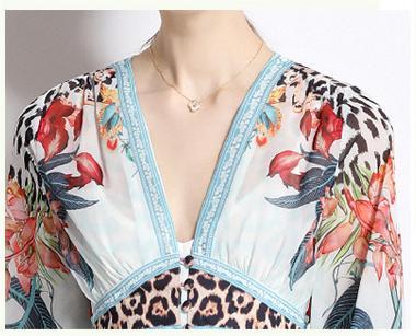 V-Neck Long-Sleeved Chiffon Fashion Resort Style Retro Full-Length Skirt Dress