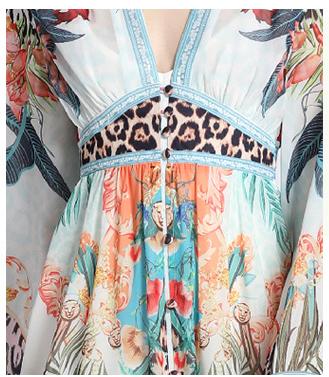 V-Neck Long-Sleeved Chiffon Fashion Resort Style Retro Full-Length Skirt Dress