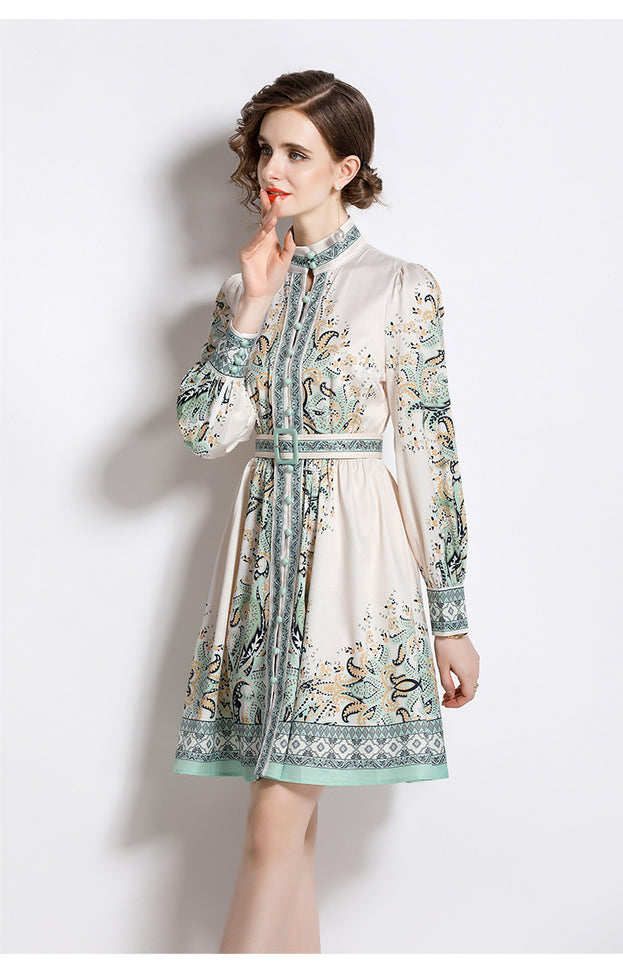 Fashion Vintage Fresh Stand-Up Collar Long-Sleeved Printed Dress