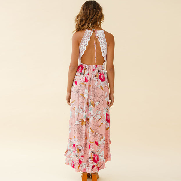 Deep V Sexy Beach Hollow Lace Suspender Irregular Dress