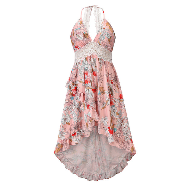 Deep V Sexy Beach Hollow Lace Suspender Irregular Dress