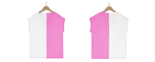 V-Neck Colorblock Cap Sleeve Loose Casual Oversized T-Shirt