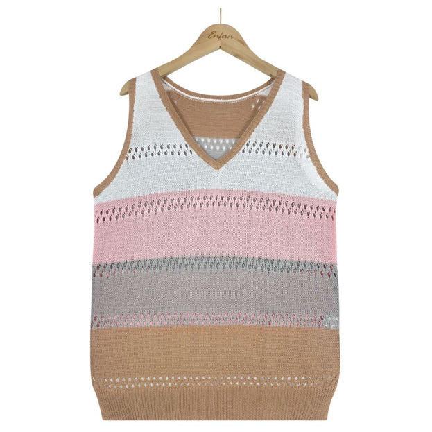Women's Pick Hole Loose V-Neck Color Block Sweater