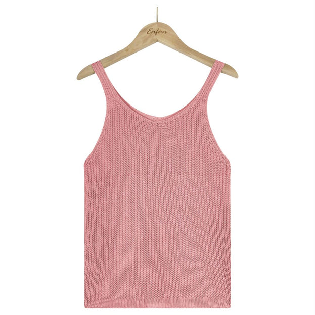 Fashion Solid Color Camisole V Neck Ice Silk Knitted Sweater Women