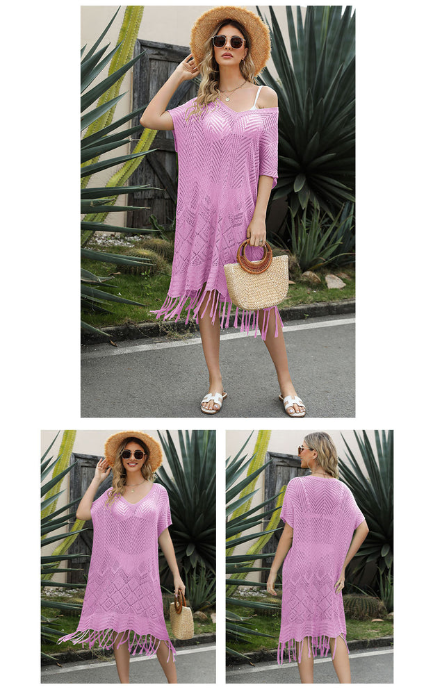 Solid Color Fringed Hollow Knit Sweater Loose Plus Size Beach Dress