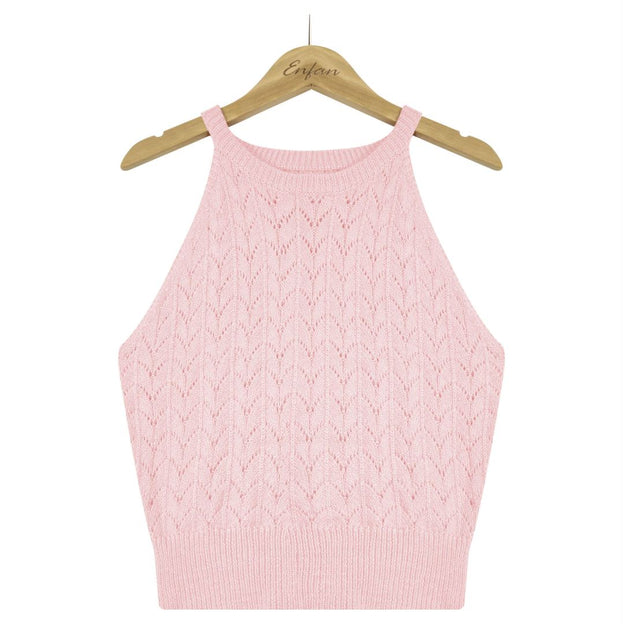 Casual Knitted Design Solid Color Top Slim Vest